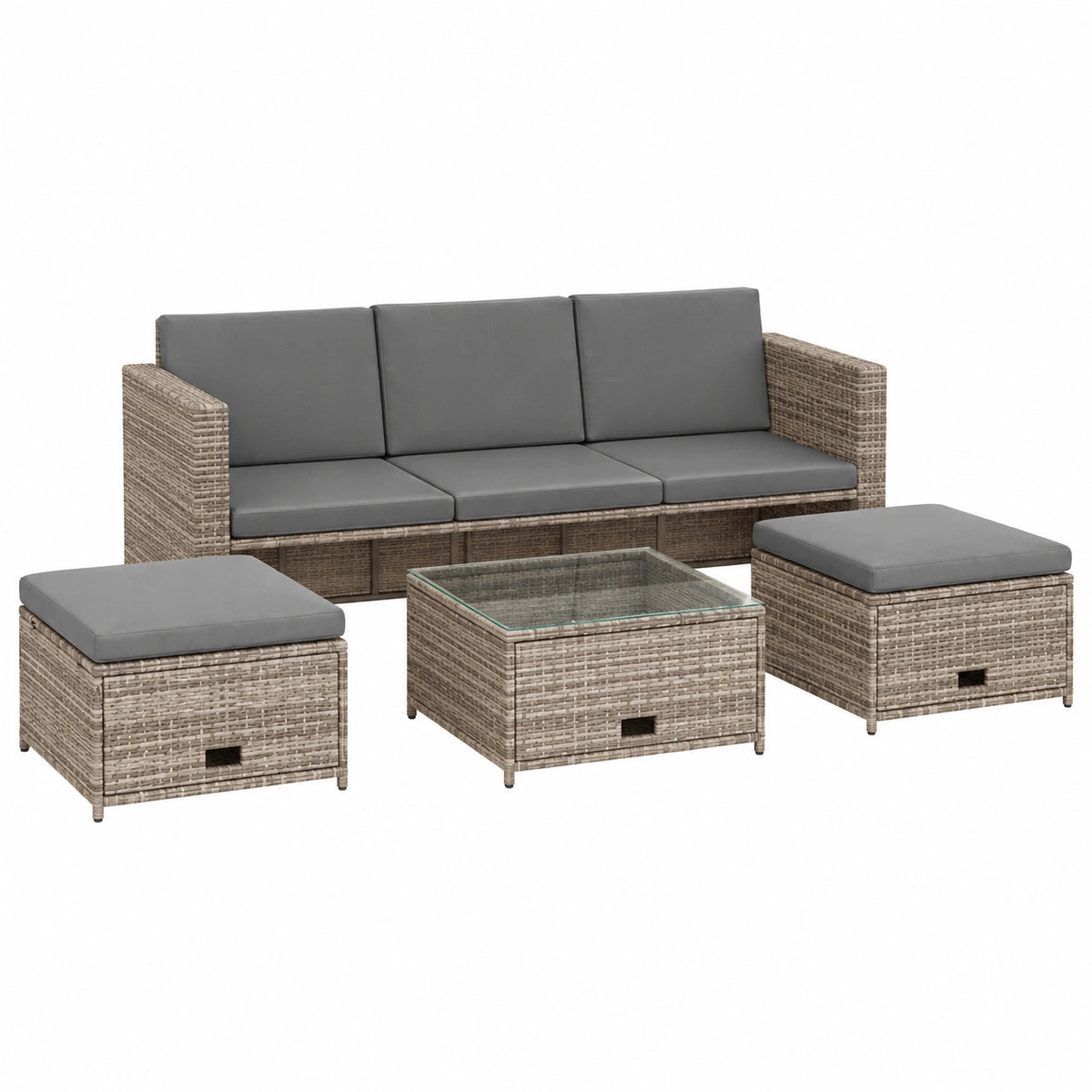 3-teiliges Gartenmöbel-Set aus Polyrattan - Sofa, Ottomane & Tisch mit Glasplatte, wetterfest & vielseitig, ideal für Terrasse & Balkon, Grau