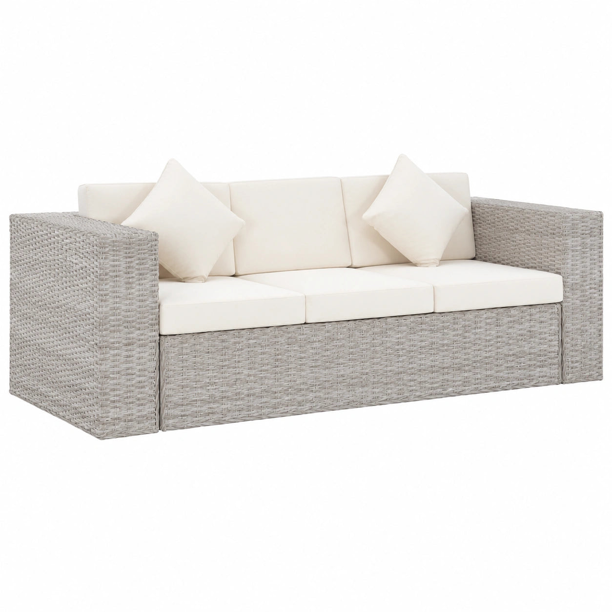 Großes 3-Sitzer Rattansofa mit Kissen, Loungemöbel, Grau