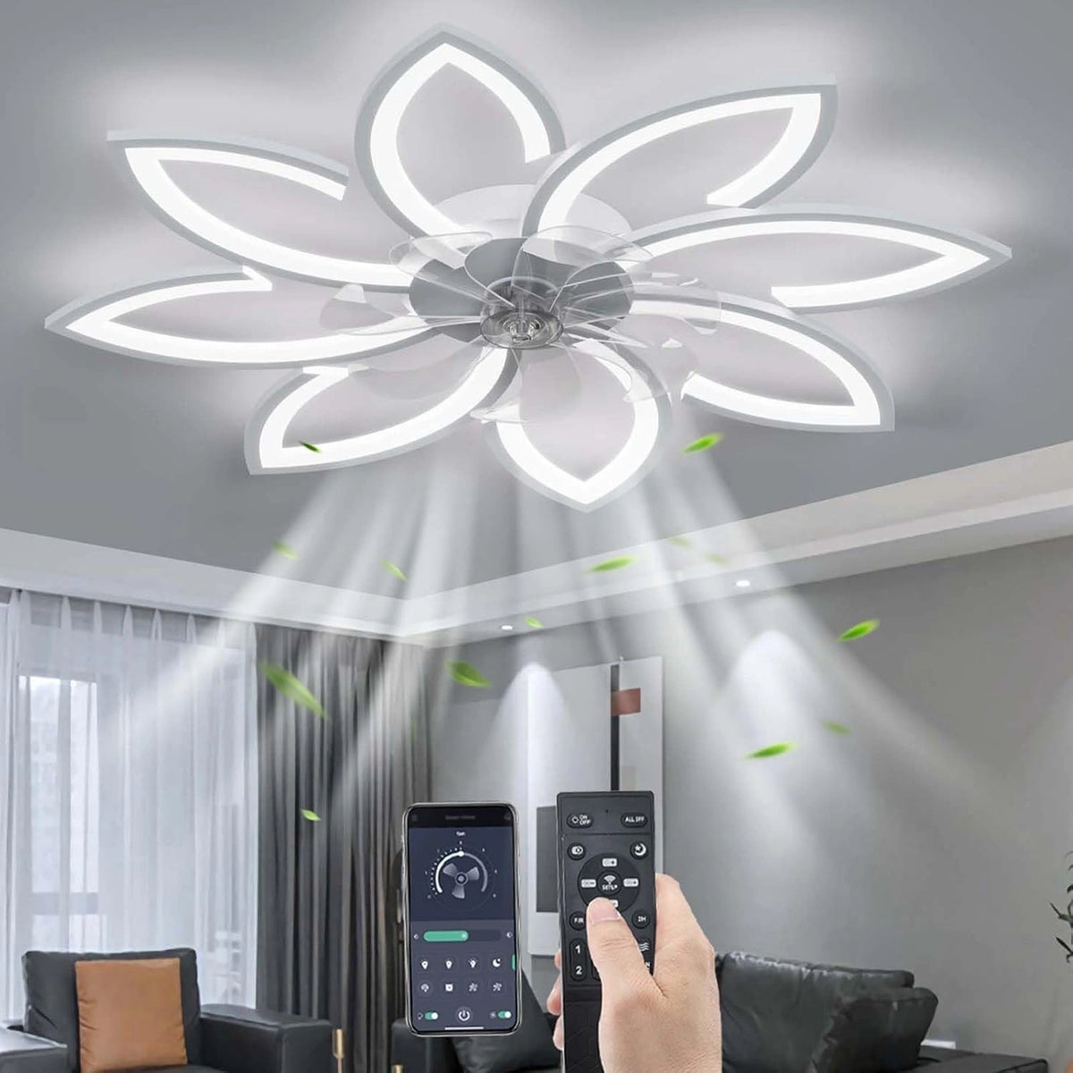 YUNZI, Ventilatore da soffitto, 90CM, con telecomando, a LED, regolabile, Bianco