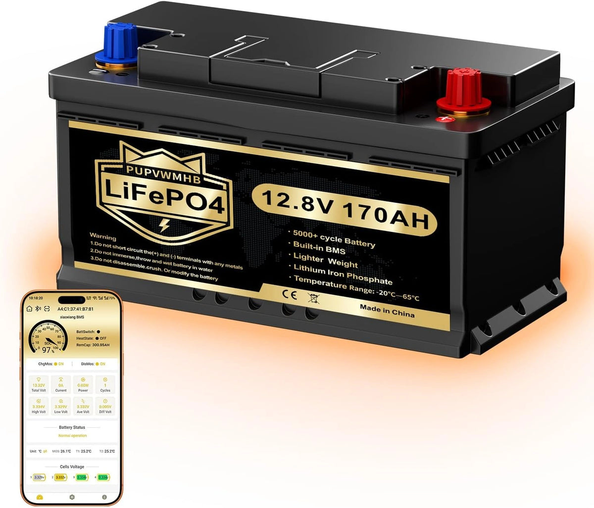 Batteria ricaricabile, 12V, 170Ah, 2176Wh, con Bluetooth