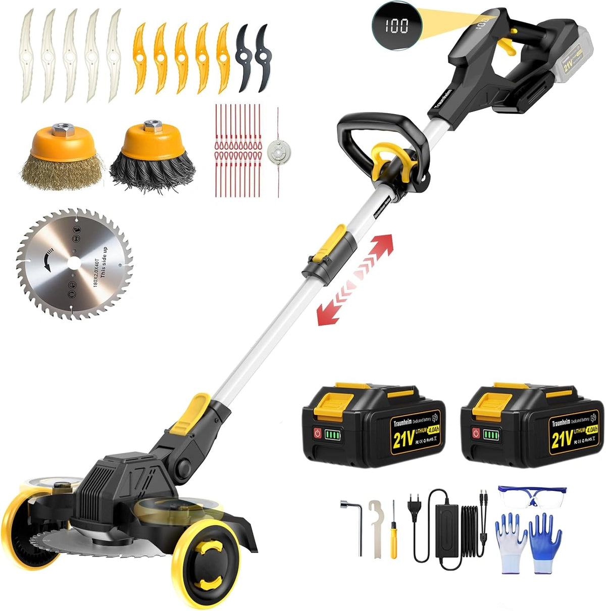 Decespugliatore, Batteria ricaricabile, 21V, 4,0Ah, 900W, multifunzione, Nero