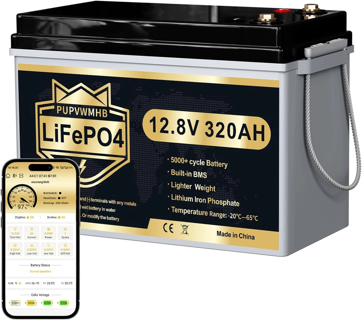 Batteria ricaricabile, 12V, 320Ah, 4096Wh, con Bluetooth