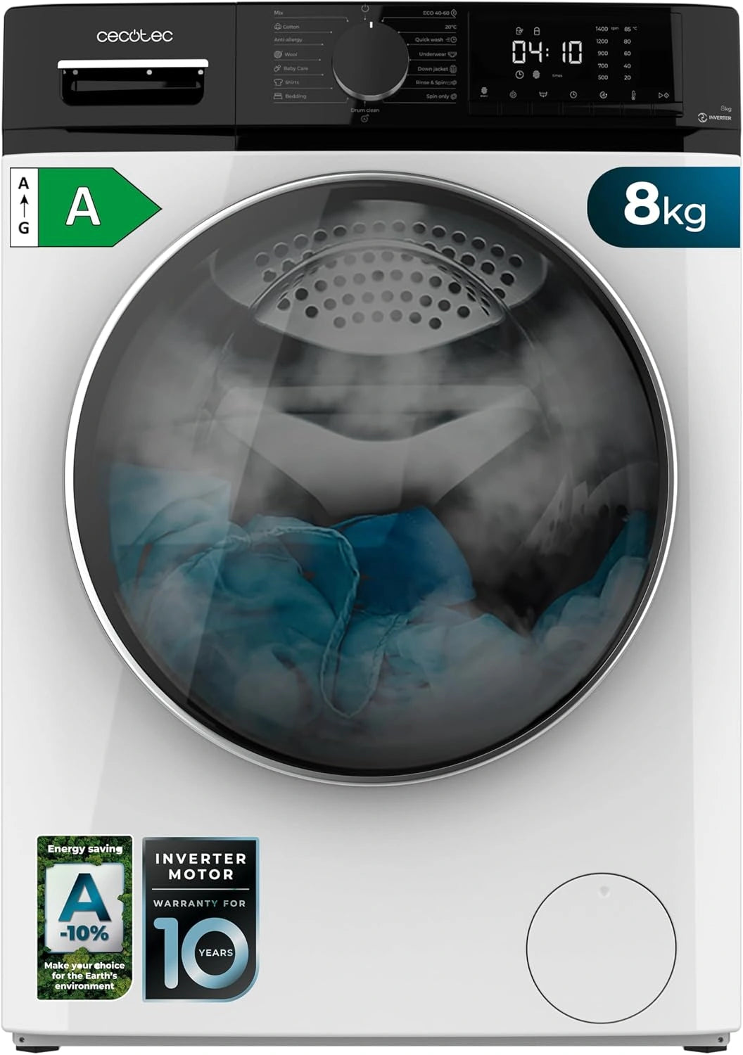 Cecotec, Lavatrice, 8kg, con display digitale, con tecnologia inverter, a LED