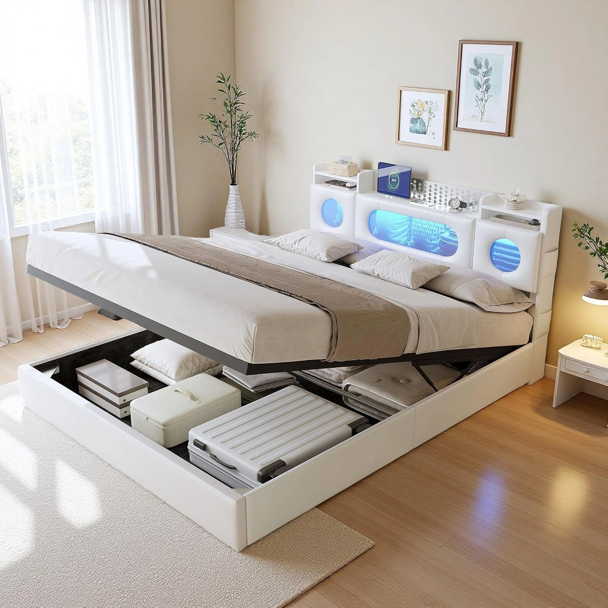 Letto, 200 cm, a LED, Bianco