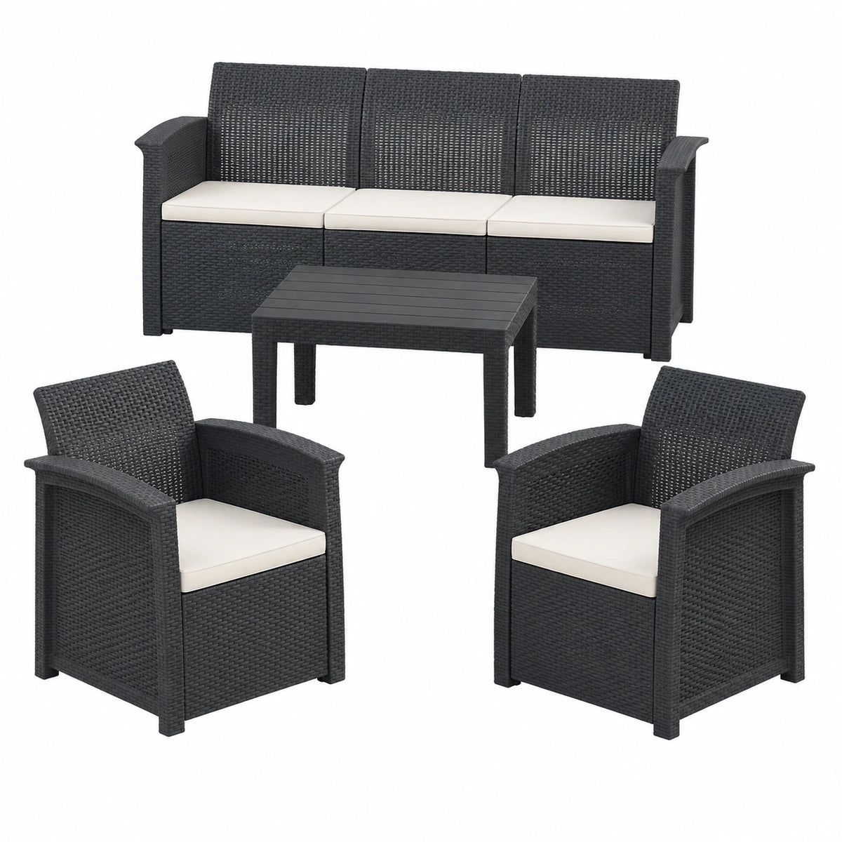 Rattan Gartenmöbel Set für 5 Personen – Bank, Sessel & Tisch, Outdoor Loungemöbel