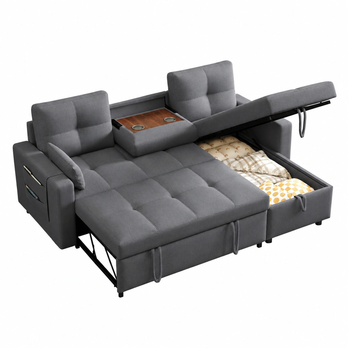 Modular-Sofa mit Bettfunktion, Stauraum und Getränkehalter, ideal für Wohnzimmer und Heimkino (Grau)