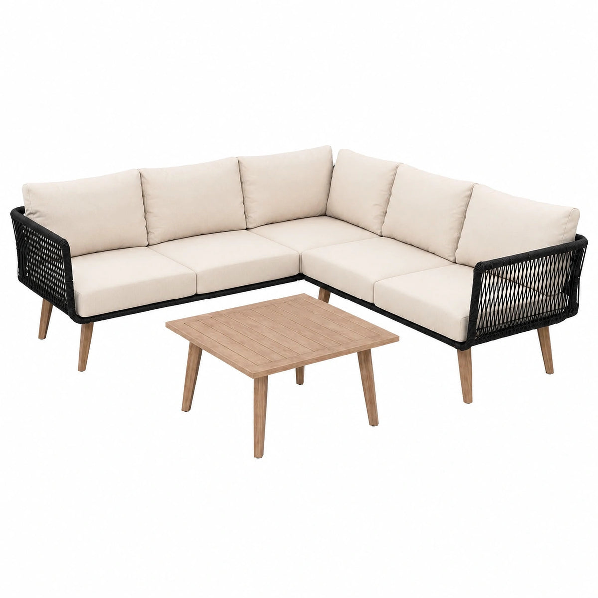 Gartenmöbel Set aus Seilgeflecht für den Außenbereich, 3-teilig: 3-Sitzer Sofa, Doppelsofa, Tisch, Wetterfest, Holzoptik, Verzinkter Stahl, Beige/Schwarz