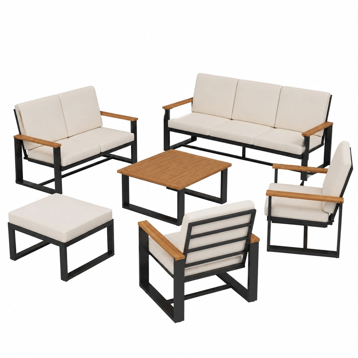 Gartenmöbel-Set: Loungesofa mit Tisch und Hocker, Dreisitzer und Zweisitzer, inklusive Sessel, Beige