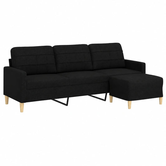 Moderner 3-Sitzer Stoffsofa mit Hocker, Metallrahmen, Schwarz für Wohnzimmer
