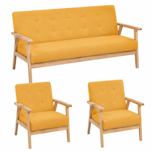 Gelbes 3-teiliges Sofaset: 2 Sessel und 3-Sitzer mit stabilem Holzrahmen für modernes Wohndesign