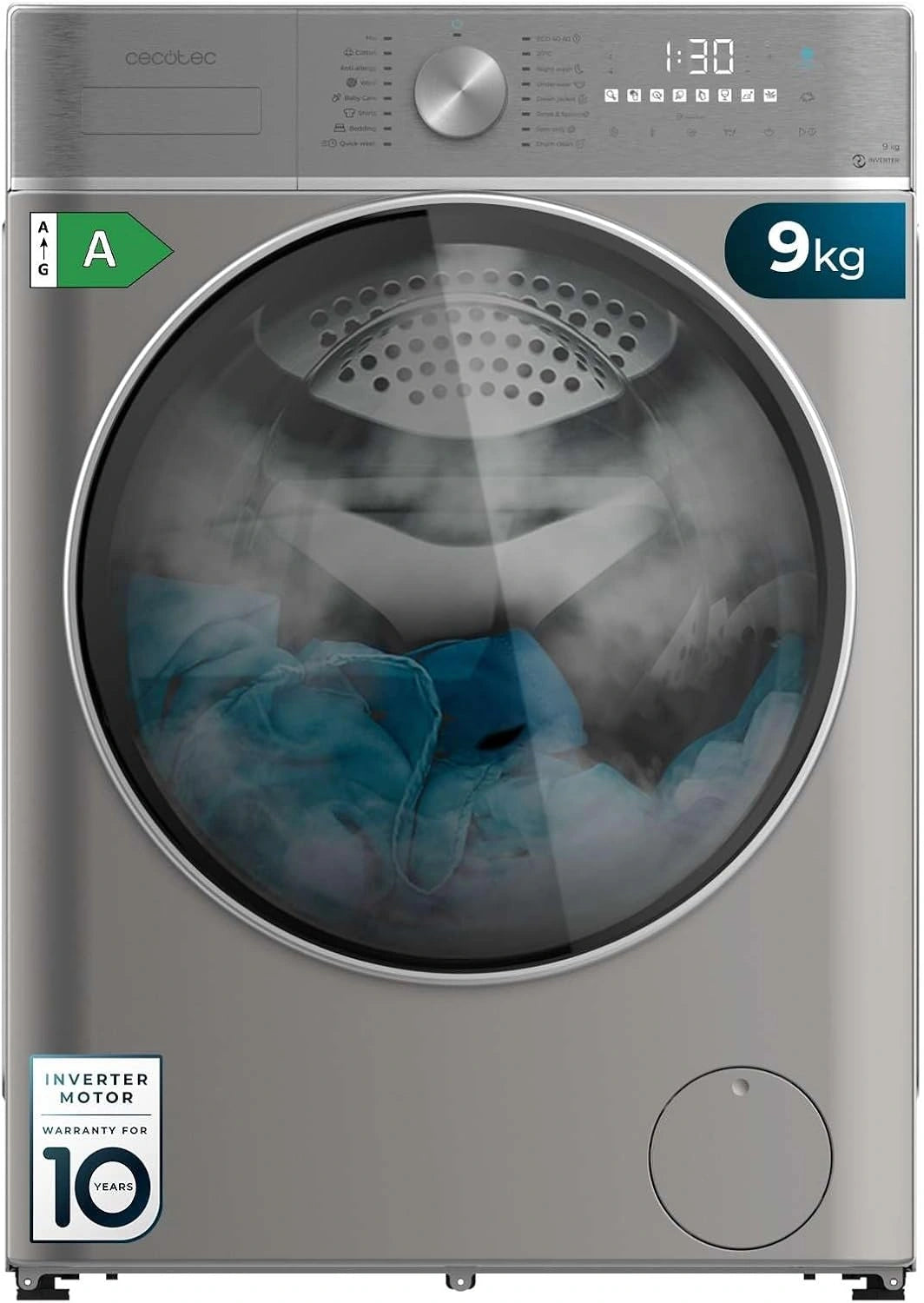 Cecotec, Lavatrice, 9 Kg, con display digitale, con tecnologia inverter, con controllo intelligente