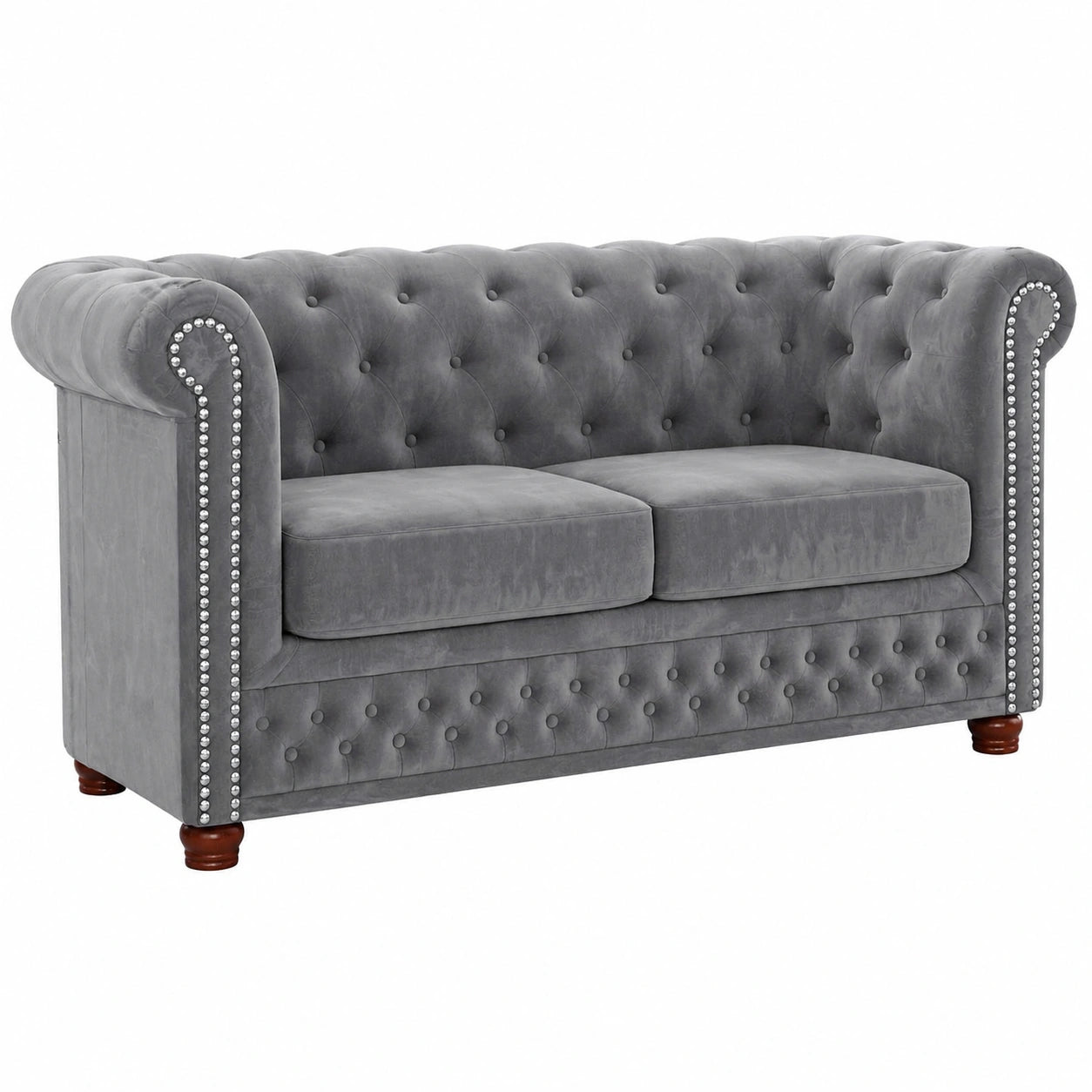 Chesterfield 2-Sitzer Sofa mit Chromfüßen, Hellgrau, 148 x 86 x 72 cm