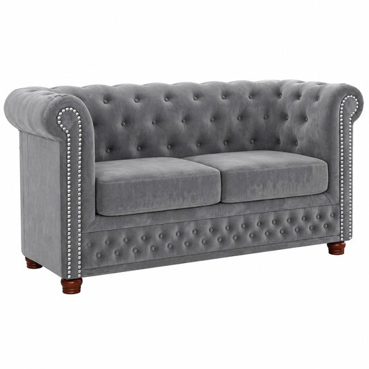 Chesterfield 2-Sitzer Sofa mit Chromfüßen, Hellgrau, 148 x 86 x 72 cm