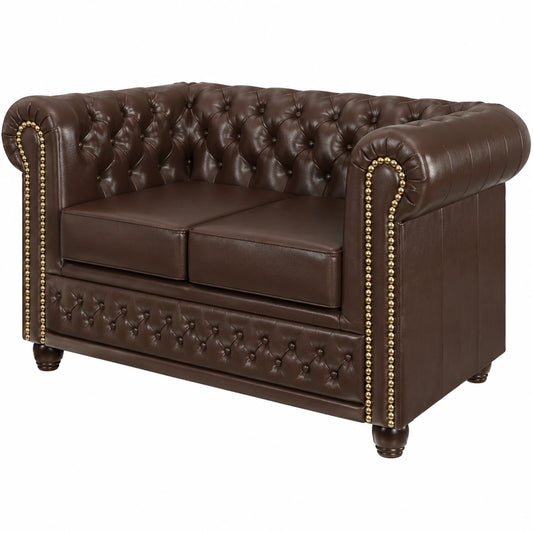 George 2-Sitzer Chesterfield Sofa aus veganem Leder, braun, 148 x 86 x 72 cm