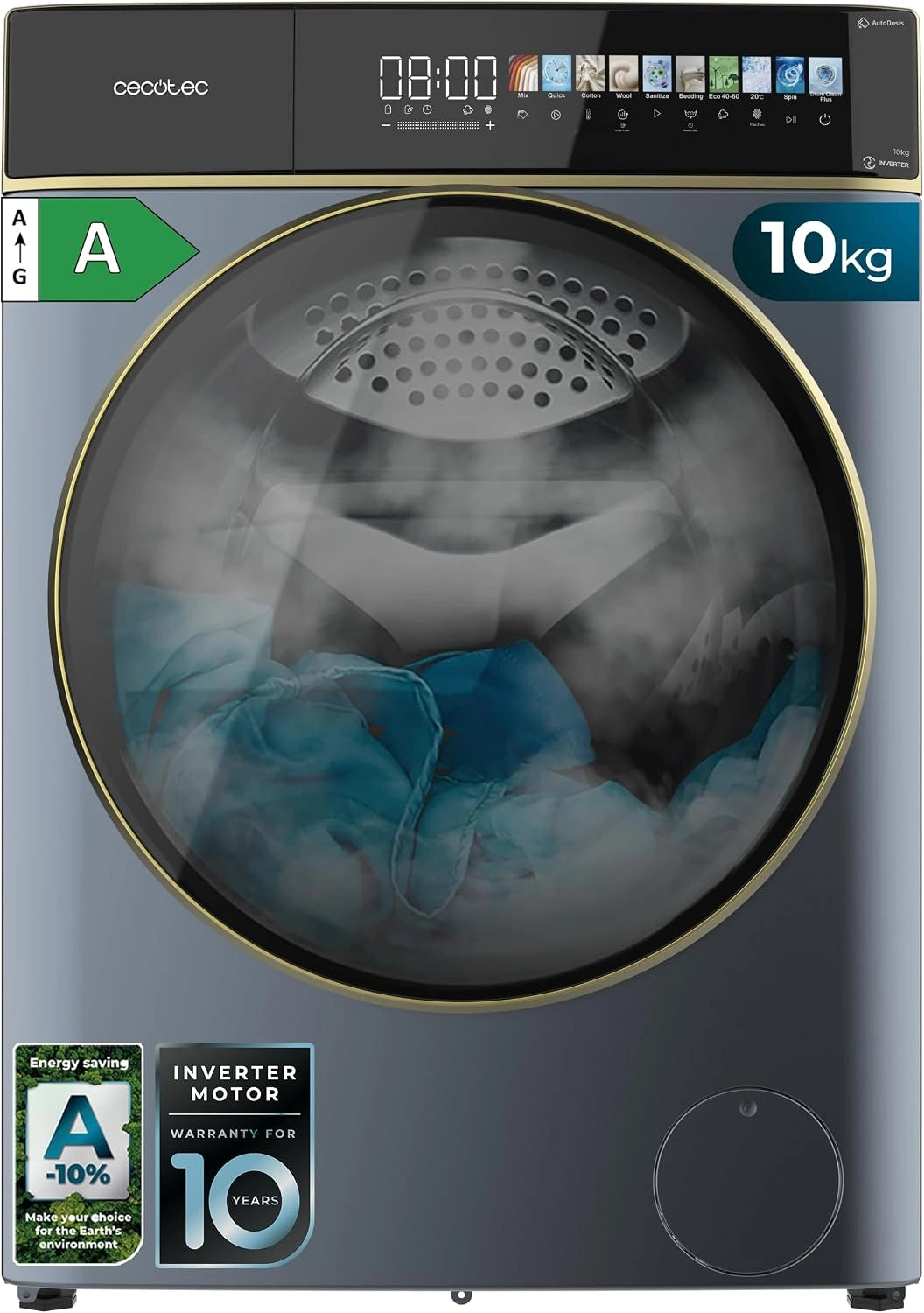 Cecotec, Lavatrice, 10 Kg, con display digitale, con tecnologia inverter, Blu