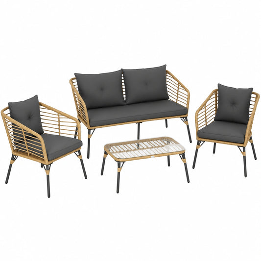 Outsunny 4-teiliges Rattan-Gartenmöbelset mit Kissen, Sitzgruppe für 4 Personen, Boho-Stil, inklusive 3 Sessel und Couchtisch, Sand und Dunkelgrau