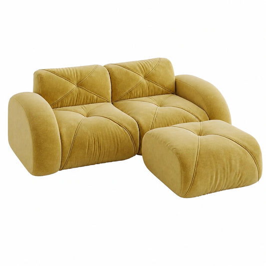 Modulares 2-Sitzer Sofa mit Hocker aus Chenille, modernes Design und geschwungene Armlehnen, montagefrei, Gelb