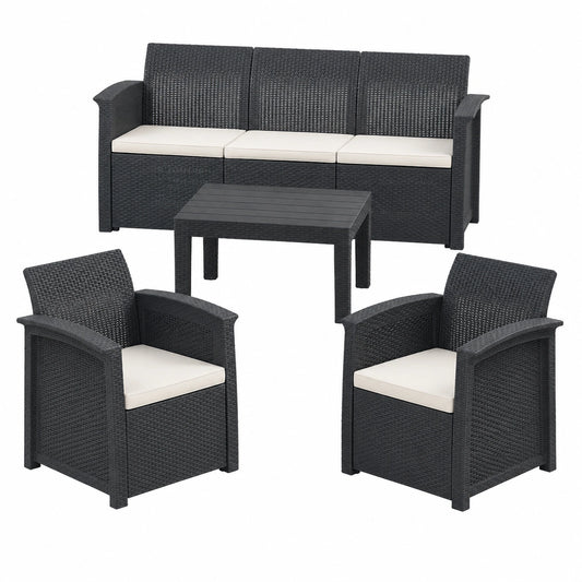Rattan Gartenmöbel Set für 5 Personen – Bank, Sessel & Tisch, Outdoor Loungemöbel