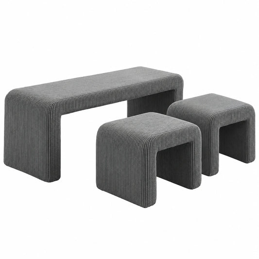 Clevich 3er Sitz- und Polsterbank Set, modernes Design für Schlafzimmer und Flur, inkl. 2 Hocker – Grau