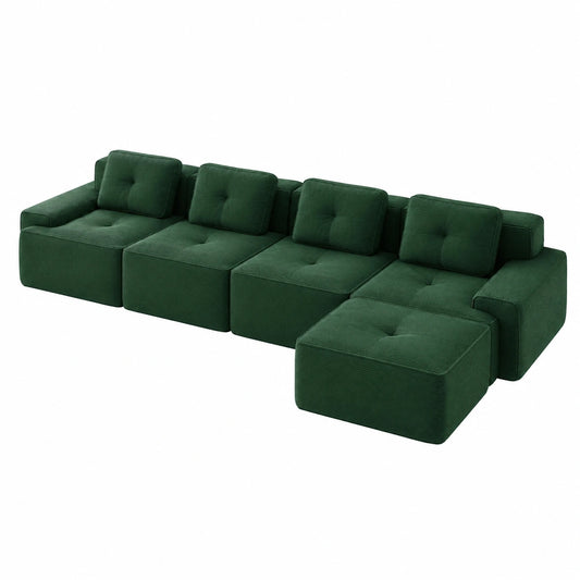 Modulares L-förmiges Ecksofa mit Hocker, Komfortabler Tiefsitzer, Schlaffunktion, 32D hochelastischer Schaum, Montagefrei, Grün, 4+1 Sitzer
