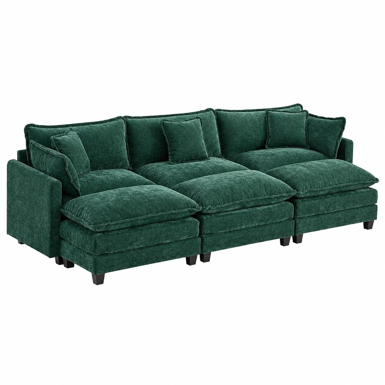 Elegantes Dreisitzer-Sofa mit Ottomane, Chenille-Bezug und Komfortkissen, ideal für Wohn- und Schlafzimmer, Dunkelgrün