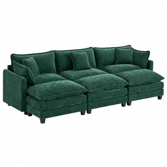 Elegantes Dreisitzer-Sofa mit Ottomane, Chenille-Bezug und Komfortkissen, ideal für Wohn- und Schlafzimmer, Dunkelgrün