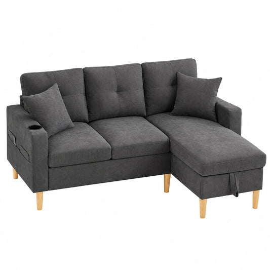Modernes 3-Sitzer Ecksofa mit Stauraum und Getränkehalter, Chaiselongue, Wohnzimmersofa für Wohnung und Büro, Inklusive Kissen, Dunkelgrau