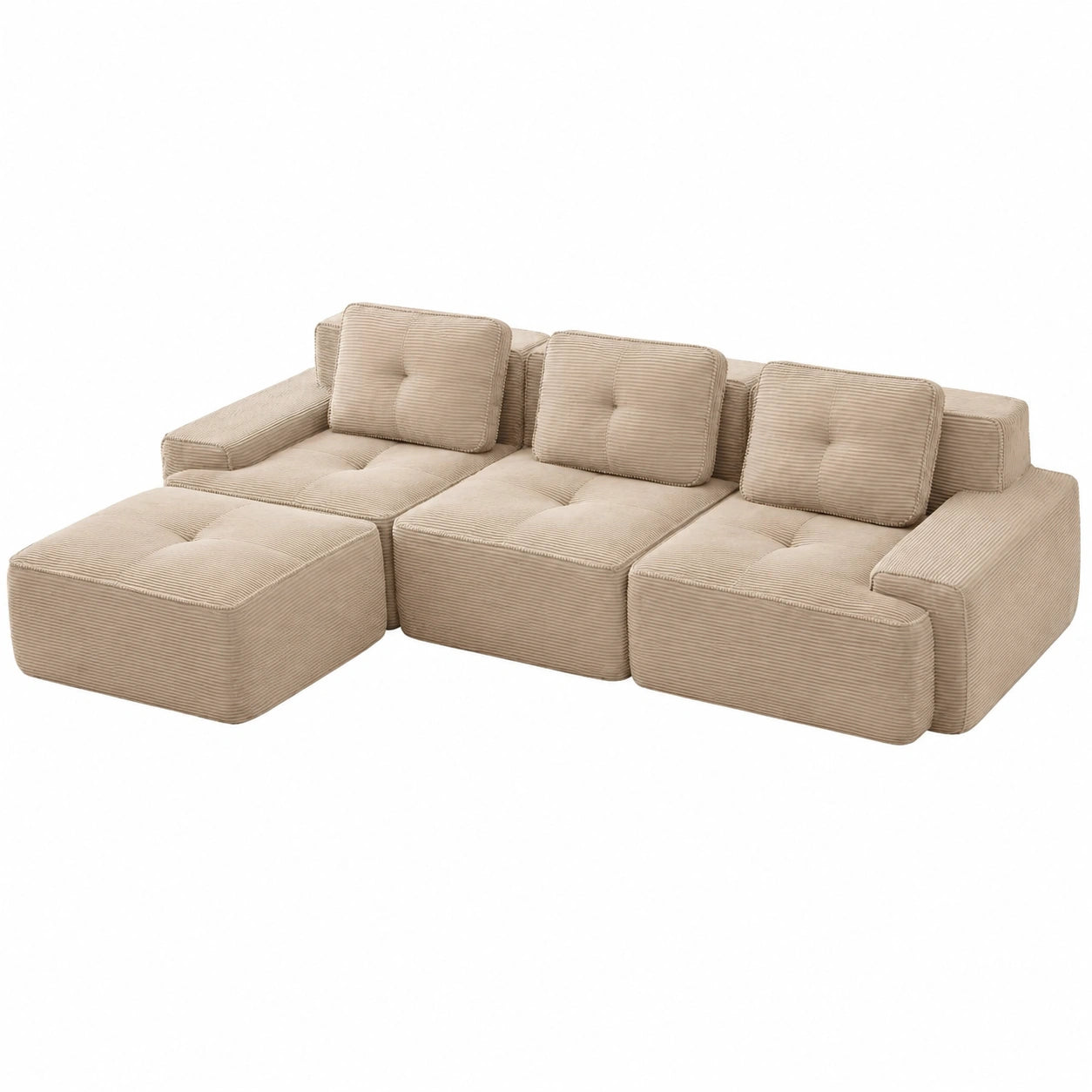 Ecksofa mit Ottomane, Modulares L-förmiges Sofa, Hellkhaki, 3-Sitzer + 1