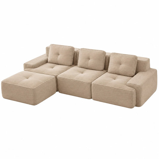 Ecksofa mit Ottomane, Modulares L-förmiges Sofa, Hellkhaki, 3-Sitzer + 1