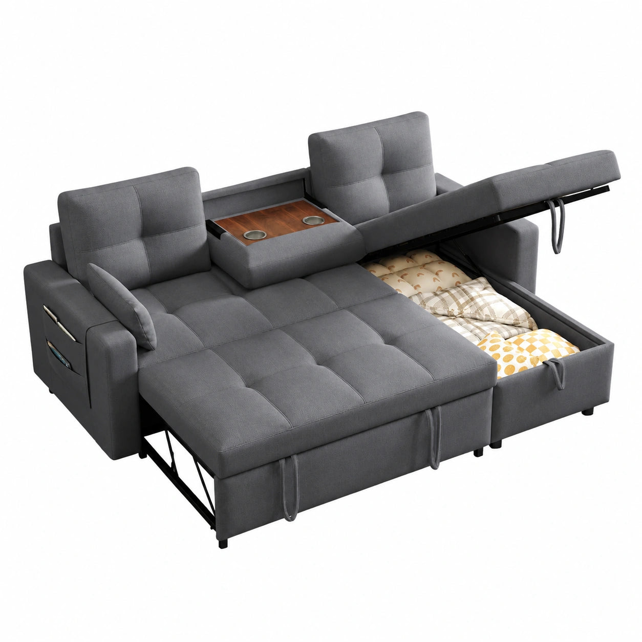 Modular-Sofa mit Bettfunktion, Stauraum und Getränkehalter, ideal für Wohnzimmer und Heimkino (Grau)