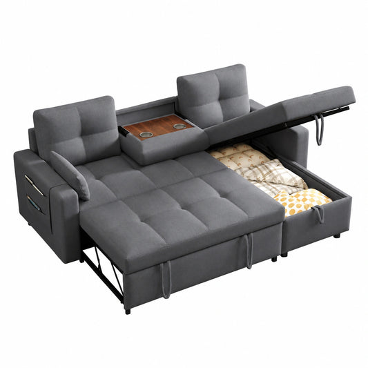Modular-Sofa mit Bettfunktion, Stauraum und Getränkehalter, ideal für Wohnzimmer und Heimkino (Grau)