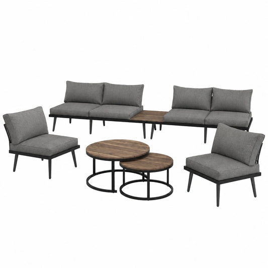 Antikes Outdoor-Lounge-Set für 6 Personen, inkl. Ecksofa und Regal, Garten-Essgruppe mit Tisch und Kissen