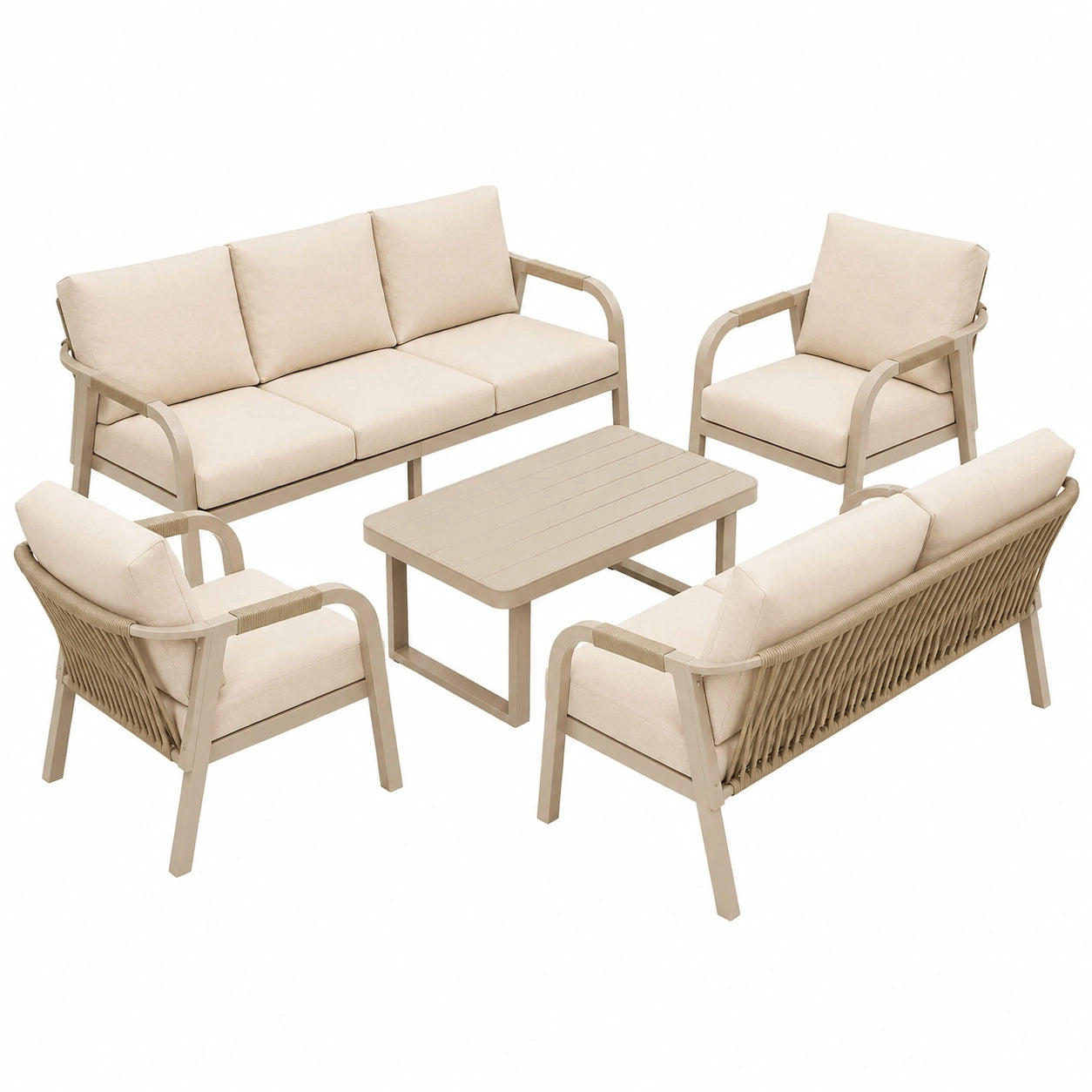 Modulares Gartenlounge-Set für 7 Personen mit Glas-Couchtisch und Seilgeflecht-Design, Beige