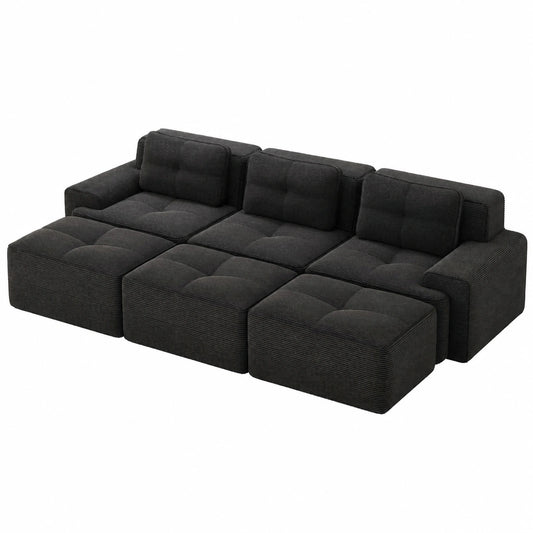 Bladez 3-Sitzer Cord Sofa Modular in Schwarz mit Hocker, Komfortables Polstersofa ohne Montage