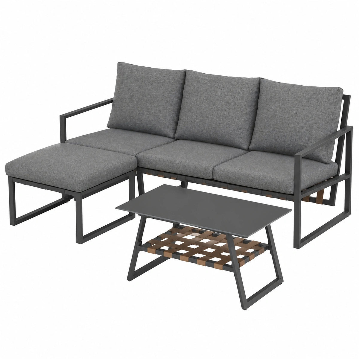3-teiliges Rattan Gartenmöbel-Set mit Ecksofa und Glastisch, wetterbeständig, grau