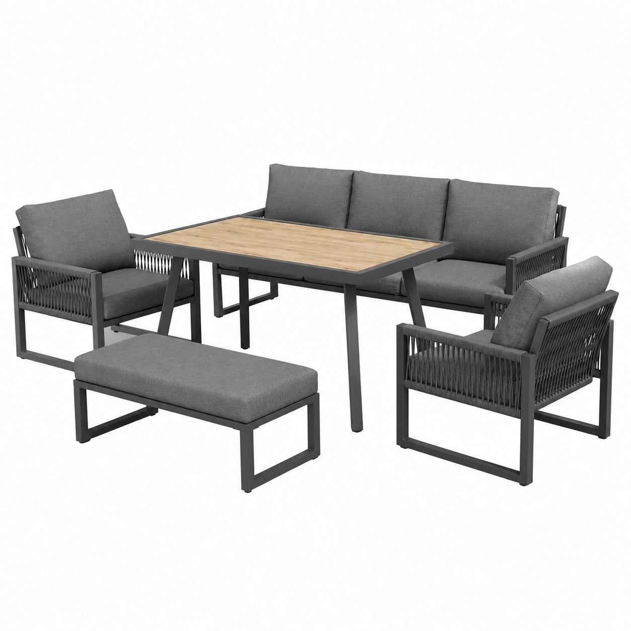 Moderner Gartenmöbel-Satz für 5-6 Personen - Outdoor-Sofa mit Sesseln und Tisch, ideal für Terrasse und Balkon, graues Geflecht